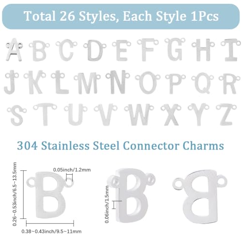 SUNNYCLUE 1 Box 26Pcs 304 Stainless Steel Alphabet Charms Letter Connector Charms A-Z Initial Double Loops Metal Connectors for Jewelry Making Supplies DIY Craft Necklace Bracelet Name Keychain Women - color: Silver