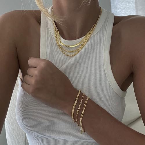 Gold Layered Necklaces for Women, 14K Gold Plated Dainty Gold Chain Choker Necklace Stack, Herringbone Gold Necklaces Set - color: gold-3-Herringbone