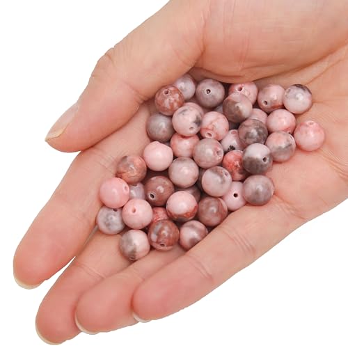 70PCS Natural 8MM Healing Gemstone, Pink Zebra Jasper Energy Stone Round Loose Beads, Semi-Precious Crystal Beads with Free Elastic String for Jewelry Making DIY - color: Pink Zebra Jasper, size: 8MM