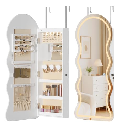 HOOBRO LED Mirror Jewelry Cabinet, Wall/Door Mounted Jewelry Organizer, Jewelry Aromire with Wavy Mirror Full Length, Lockable Cosmetics Storage Cabinet, Interior Mirror, 16.5" x 4.1" x 43.3", White - color: White