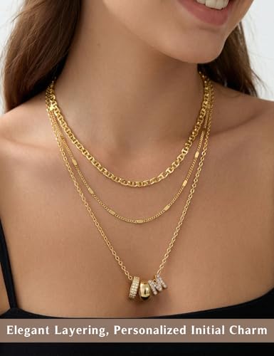 Layered Gold Necklaces for Women, 14K Gold Plated Dainty Cubic Zirconia Rondelle Initial Pendant Necklace, Chunky Stackable Mariner Chain Choker, Trendy Personalized Name Jewelry Gifts for Women - style: Letter M