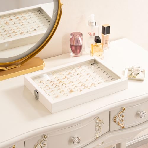 Lolalet Jewelry Organizer Tray with Lid, 100 Grids Velvet Ring Organizer Holder Storage Box for Drawer -Beige - style: Ring
