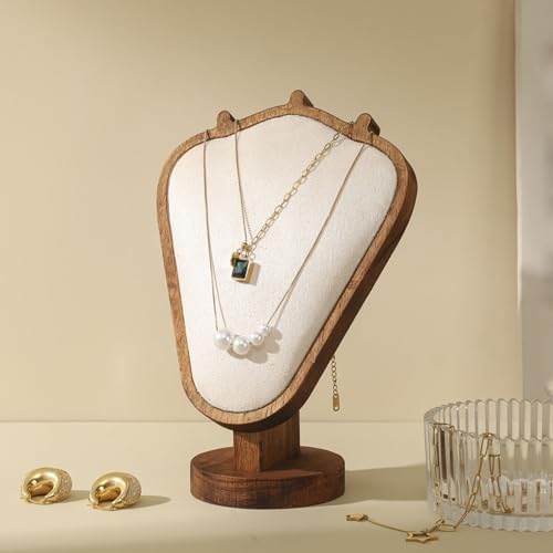 TANG SONG 8.27" Walnut Wooden Base Leather Soft Mat Necklace Display Stand Jewelry Organizer Holder (Walnut-Beige) - color: Walnut-Beige