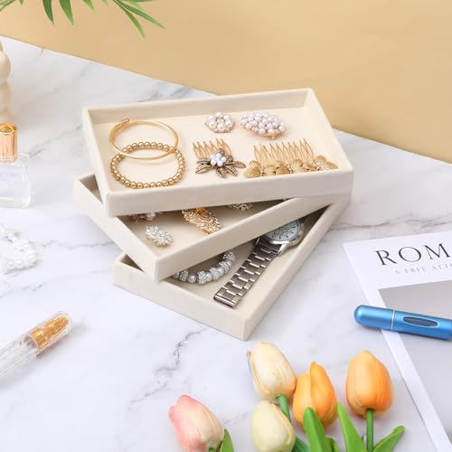 12 Pack Velvet Jewelry Trays, Stackable Drawer Organizer Inserts for Necklace, Earring, Ring, Bracelet Showcase Display and Storage, Beige, 8.27 x 4.92 x 1 Inch
