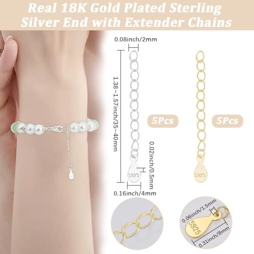 Beebeecraft 1 Box 10Pcs Tail Extender Chain Real 18K Gold Plated Sterling Silver Jewelry Chain Extender Curb Links Necklace Bracelet Extension with Teardrop Tabs S925 Stamp Charm for Jewelry Making - color: Gold, Silver