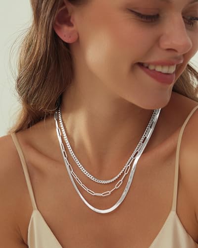 Gold Layered Necklaces for Women, 14K Gold Plated Dainty Gold Chain Choker Necklace Stack, Herringbone Gold Necklaces Set - color: silver-3-Snake