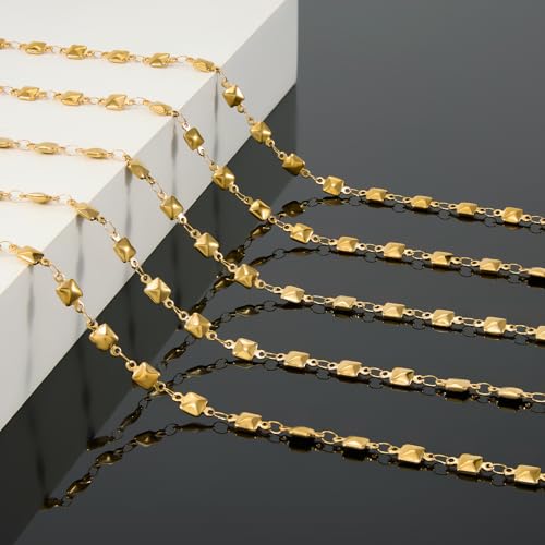 KYUNHOO 13 Feet Solid Square Links Craft Jewelry Bulk Gold Plated Necklace Chain Spool Stainless Steel Jewelry Making Chains with Lobster Clasps and Jump Rings - color: Square Gold