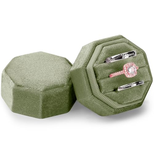 Velvet Ring Box 3 Slots, Premium Jewelry Ring Storage Gift Box Vintage Ring Display Holder Case for wedding ceremony Proposal Engagement (Olive Green) - color: Olive Green