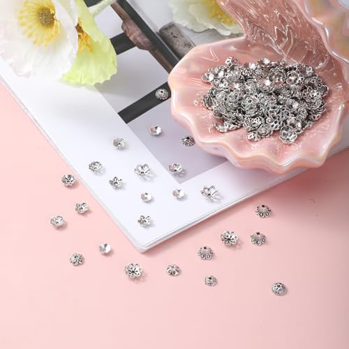 360 Pcs Flower Spacer Beads, 10 Styles Bead Caps Alloy Floral Metal End Cap Silver Vintage Spacers Jewelry Spacers for DIY Bracelet Necklace Earrings Jewelry Making