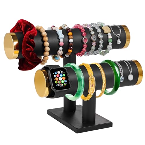 Two-layer T-shaped jewelry display stand, specifically designed for the display and organization of bracelets, bangles.Velvet material，Simple and elegant(Black Velvet) - color: Black Velvet