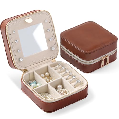 Genuine Leather Travel Jewelry Organizer Case with Mirror for Women, Small Mini Portable Jewelry Box for Ring Earrings Necklace Bracelet Luxury Gift for Women（Brown） - color: Oil Waxed Leather Brown