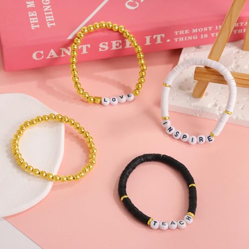 Emibele Colorful Stretch Bracelet Stack Boho Beaded Bracelet Set Heishi Surfer Bracelet Stackable Y2K Trendy Jewelry Friendship Multiple Set Women Fans - style: Black&White 4PCS-Teacher