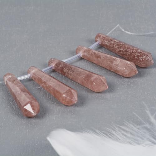 50mm Natural Strawberry Quartz Hexagonal Wand Jewelry Making Crystal Pointed Chakra Reiki Healing Beads 2mm Hole Drilled(Pack of 5) - color: Strawberry Quartz