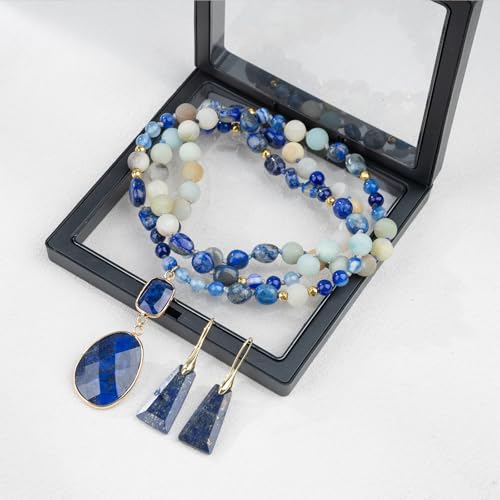 2 Pcs Boho Lapis Lazuli Jewelry Set for Women - Handmade Natural Stone Beaded Long Necklace with Oval Lapis Lazuli Pendant & Trapezoid Lapis Lazuli Earrings | Vintage Elegance | Ideal Gift for Her - style: Lapis Lazuli Pendant