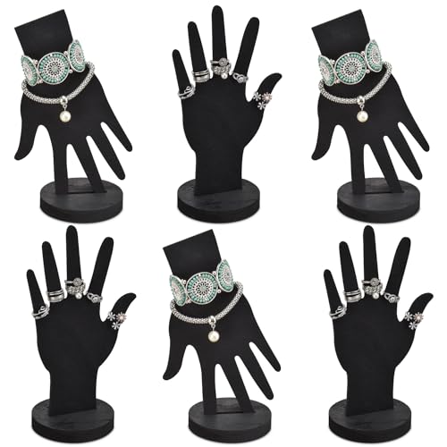 MOOCA 6-Piece Real Wooden Hand Form Jewelry Display Set, 2 Way Design for Wall Hanging or Standalone Mannequin Finger Hand Display, Premium Real Wood Sturdy Base, Black Color - color: Black