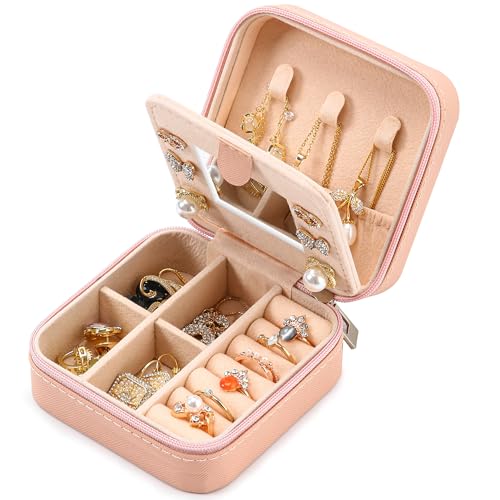 Neveika Jewelry Box with Mirror,Small Jewelry Organizer Box，Travel Jewelry Case for Women，Gift Jewelry Boxes for Female Girls (mirror pink) - color: mirror pink
