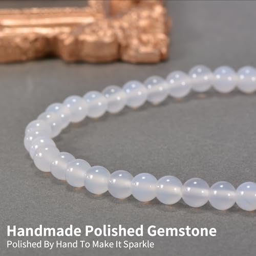 14in Agate Wrap Bracelet for Women Men Natural Round Beaded Agates Stone Healing Stretch Bracelets Elastic Handmade Polished Gemstone Beads Bracelet - color: White Agate, size: 6mm Beads