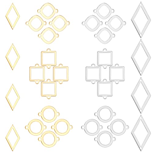 SUNNYCLUE 1 Box 32Pcs Stainless Steel Connectors Charms Golden Silver Hollow Flat Round Open Bezel Square 33.5x18mm Rhombus Ring Geometric Links Charm Double Loops for Jewelry Crafts Making Supplies