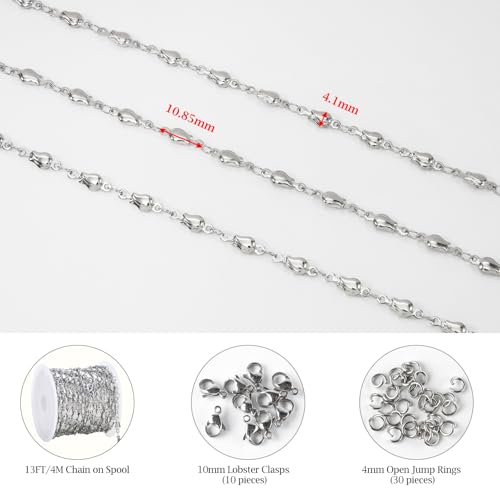 KYUNHOO 4 Meters Rose Flower Jewelry Chains for Making Necklace Bracelet Silver Craft Chain Bulk Stainless Steel Jewelry Chain Roll for Women Men DIY Handcrafts - color: Rose Silver