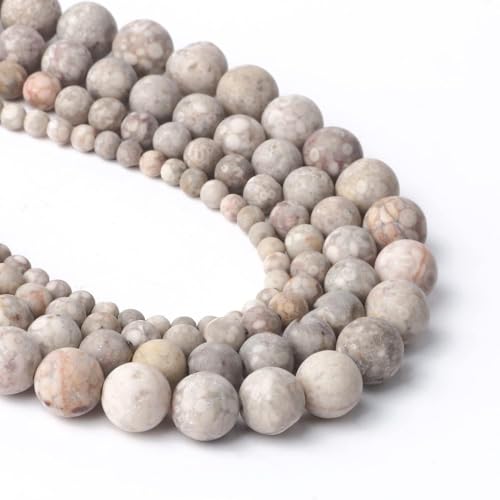 Stone Beads, 45pcs Matte Flowery Cowry Fossil, 8mm Round Loose Beads for Jewelry Making, Bracelets, with Bag, String & Card - color: Matte Flowery Cowry Fossil, size: 8mm