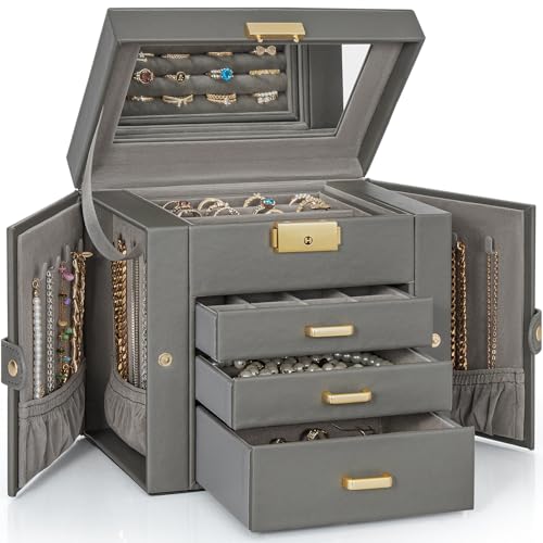 AKOZLIN 4-Tier Jewelry Box Leather Jewelry Storage Organizer with 3 Drawers Lockable for Women Girls Ring Necklace Earring Bracelet Holder with Mirror Dark Grey - color: Dark Grey, size: Regular-4 Layer