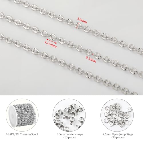 KYUNHOO 5 Meters Flat Circle Chain Roll Silver Jewelry Chains for Making Jewelry Stainless Steel Chain Bulk Thin Cable Chains Sunflower Texture Chain for Crafts Making - color: Oval Silver
