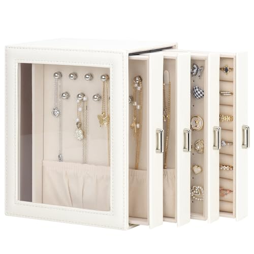 DesignSter Jewelry Box Organizer, Jewelry Box for Women, PU Jewelry Organizer Display Case with Side Drawers, Jewelry Storage for Earring Necklace Ring Bracelet Watch - color: Beige