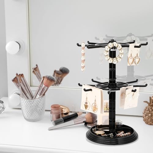 2 Pack Keychain Display Stand Rotating Jewelry 2 Tier Necklace Holder Plastic Spinning Bracelet Hanging Organizer Rotating Rack Earring Bracelet Stands for Vendors Malls Counter Dressing Table - color: Black