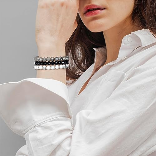 3 PCS Healing Crystal Bracelets for Women 8mm Natural Stone Beaded Stretch Bracelet Amethyst Jewelry Gifts - color: 10 8mm Map Stone & Howlite