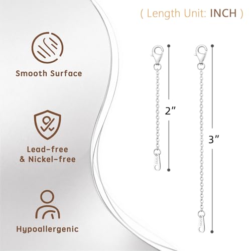 Necklace Extender Silver Durable Necklace Extenders, 925 Sterling Silver Chain for Bracelet Anklet, 2 Piece Set 2" 3" Inches - color: Silver, size: 2 3 inch