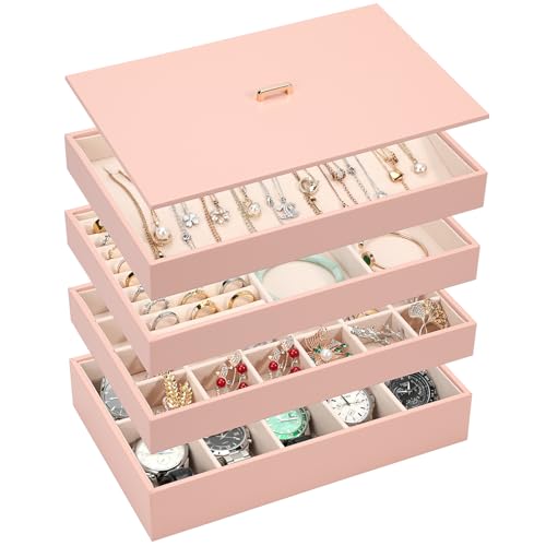 Voova Stackable Jewelry Organizer Tray with Lid, PU Leather Jewelry Storage Holder for Drawer Inserts, Jewellery Display Box Case for Earring Necklace Ring Watch Bracelet (Set of 4, Pink) - color: Pink