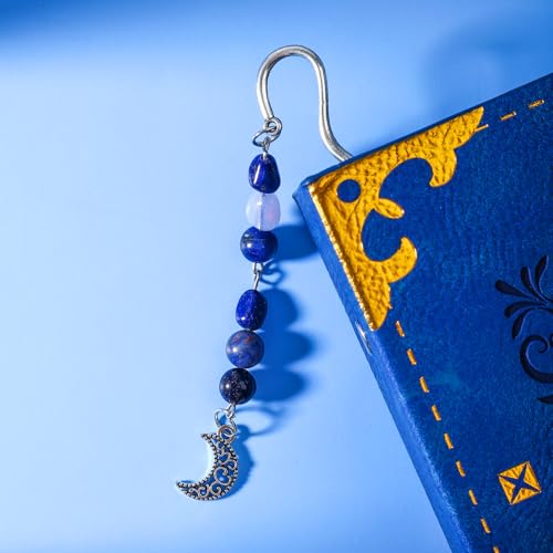 Vintage Metal Moon Bookmark Pendant with Natural Crystal Bead Chain–Elegant Bookmarks for Women,Men,Book Lovers,Teachers and Students(Sodalite) - style: Moon
