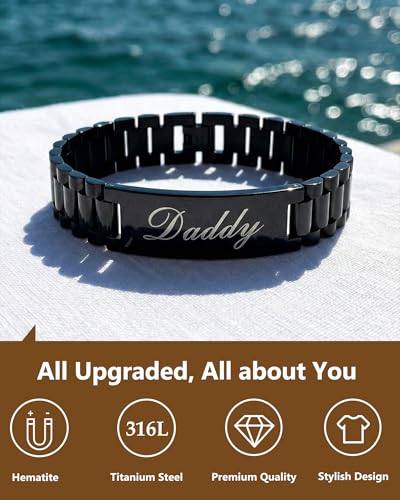 Feraco Magnetic Hematite Bracelets for Men,Titanium Steel Link Bracelet Men's Personalized Jewelry Birthday Gift for DAD Father Husband Boyfriend - color: Daddy