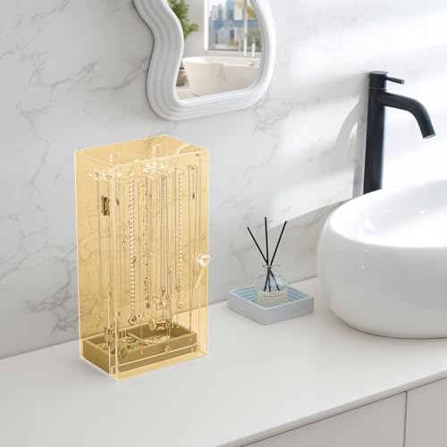 Lolalet Necklace Holder Organizer, Acrylic Jewelry Organizer with 24 Hooks, Rotating Clear Necklaces Display Box, Dust-proof Jewelry Storage Case with Velvet Tray -Gold - color: Gold
