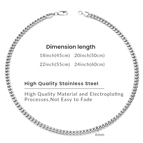 4/6mm Cuban Link Chains for Men - Gold/Silver Plated Stainless Steel Miami Curb Chain Necklace - No Tarnish Hip Hop Mens Jewelry, 18"/20"/22"/24" - color: 6MM Silver Chain, size: 22inch