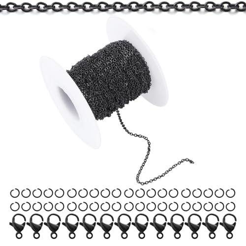 66Feet Black Stainless Steel Necklace Chains Cable Link Chains for Jewelry Making DIY Craft Kit with Lobster Clasps Jump Rings - color: 66Feet-Black, size: 2.5mm