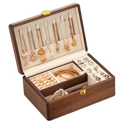 Wooden Jewelry Box For Women Jewelry Organizer Box With Lock 2 Layer Jewelry Holder Organizer For Necklace Ring Earring - color: Double Nut-BrownA
