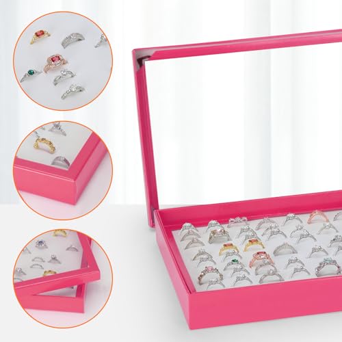 KUKUVR 100 Slots Ring Earring Holder Display Case, Velvet Jewelry Ring Earring Storage Organizer Box Tray with Clear Lid for Women And Selling Show (Pink) - color: Pink