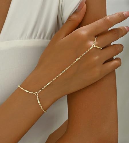 YEEZII Gold Hand Chain Bracelets for Women, 2 Pcs 14k Gold Plated Cubic Zirconia Link Chain Bracelet Set, Trendy ring bracelet hand chain Jewelry for Her - color: Gold-F