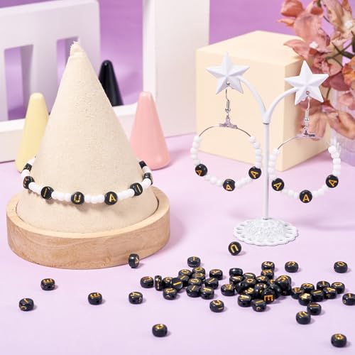 FASHEWELRY 500Pcs Acrylic Vowel Letter Beads 7x3.5mm Black Golden Alphabet Beads Flat Round Letter AEIOU Initial Bead for Jewelry Making Name Bracelets Necklaces Key Chains - color: Round Vowel