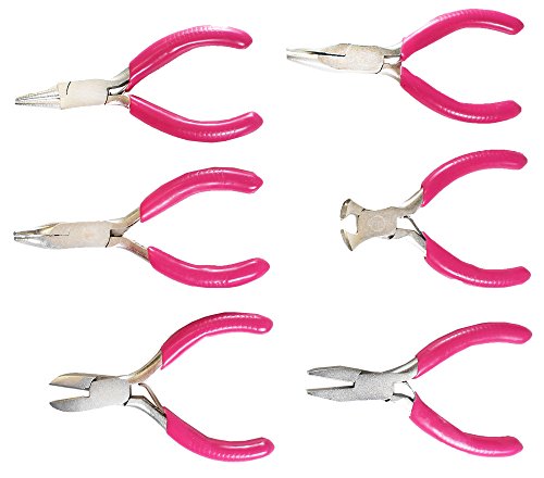 6pc Mini Plier Set | Pink Vinyl Handles | Custom Zipper Case | 3" (7.6 cm) Long | End Cutter, 2 Flat Jaws, Round Nose, Side Cutter, Curved Nose | Perfect for Ladies & Crafters