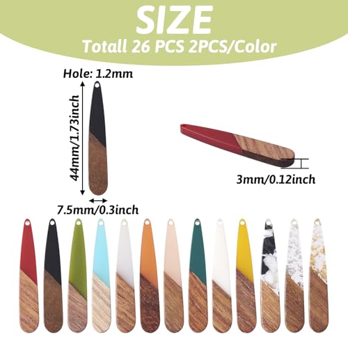Beadthoven 26pcs/13 Pairs Natural Wood Resin Teardrop Charms DIY Earrings Pendants Mixed Colors Long Water Drop Shape Wooden Pendants for Statement Jewelry Making Findings - color: 0Teardrop