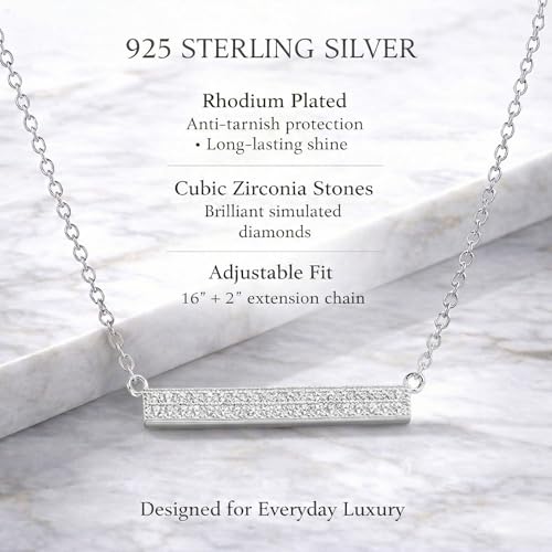 Horizontal Bar Necklace for Women, Sterling Silver or 14K Gold Plated Silver, Minimalist, CZ Diamond, Dainty Bar Pendant - Unique Jewelry Gift - style: Signature Pavé - Silver
