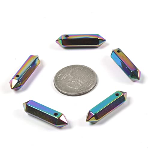 Metallic Rainbow Coated Hematite 32mm Natural Gemstone Hexagonal Wand Jewelry Making Crystal Pointed Chakra Reiki Healing Beads 2mm Hole Drilled(Pack of 10) - color: Metallic Rainbow Coated Hematite