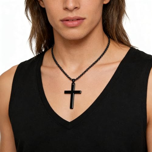 Cross Necklace for Men Silver Premium Alloy Solid Color Cross Pendant Necklace for Men Women Teens - color: Black-Stainless Steel-20inch