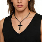 Cross Necklace for Men Silver Premium Alloy Solid Color Cross Pendant Necklace for Men Women Teens - color: Black-Stainless Steel-20inch