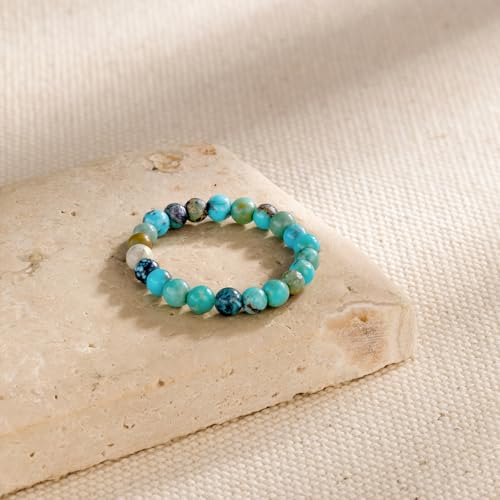 NLIEO Natural Gemstone Stretch Beaded Rings for Women Stackable Dainty Elastic Crystal Rings Jewelry - style: Turquoise