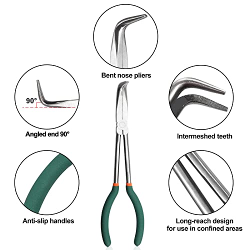 SPEEDWOX Long Reach Bent Nose Pliers 10 Inches 90 Degree Intermeshed Teeth Precision Fine Pliers for Hard to Reach Narrow Spaces High Leverage Reduce Efforts Non-slip Handle - style: 90°Bent Nose Pliers