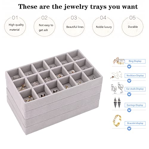 Velvet Drawer Jewelry Organizer Tray, Small Flat Jewelry Organizer for Drawer, Dresser Stacking Display Inserts for Jewelry Accessories in Dresser, Grey Set of 4