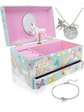 The Memory Building Co Unicorn Musical Jewelry Box Plays Classic Melody, Storage Organizer Music Box for Kids Ages 6-12, MDF Wood w/ 2 Fabric Lined Ring Bracelet Necklace Treasure Compartments - style: Unicorn